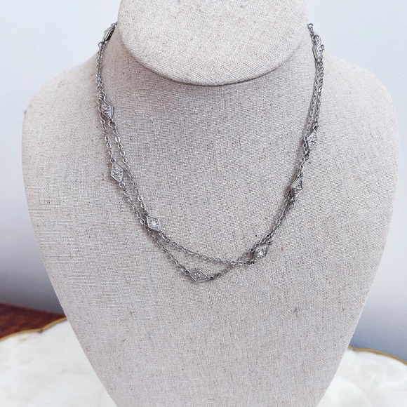 Art Deco Style NY Tag Silver Tone Diamond Shape CZ Double Chain Necklace 15.5” - Picture 4 of 10